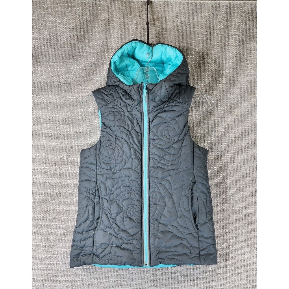Ivivva by Lululemon Reversible‎ Hooded Puffer Vest Girls 14 Aqua Gray Quilted